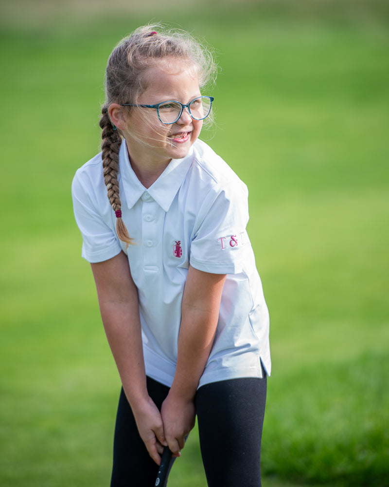 Kids White Golf Polo (Pink)