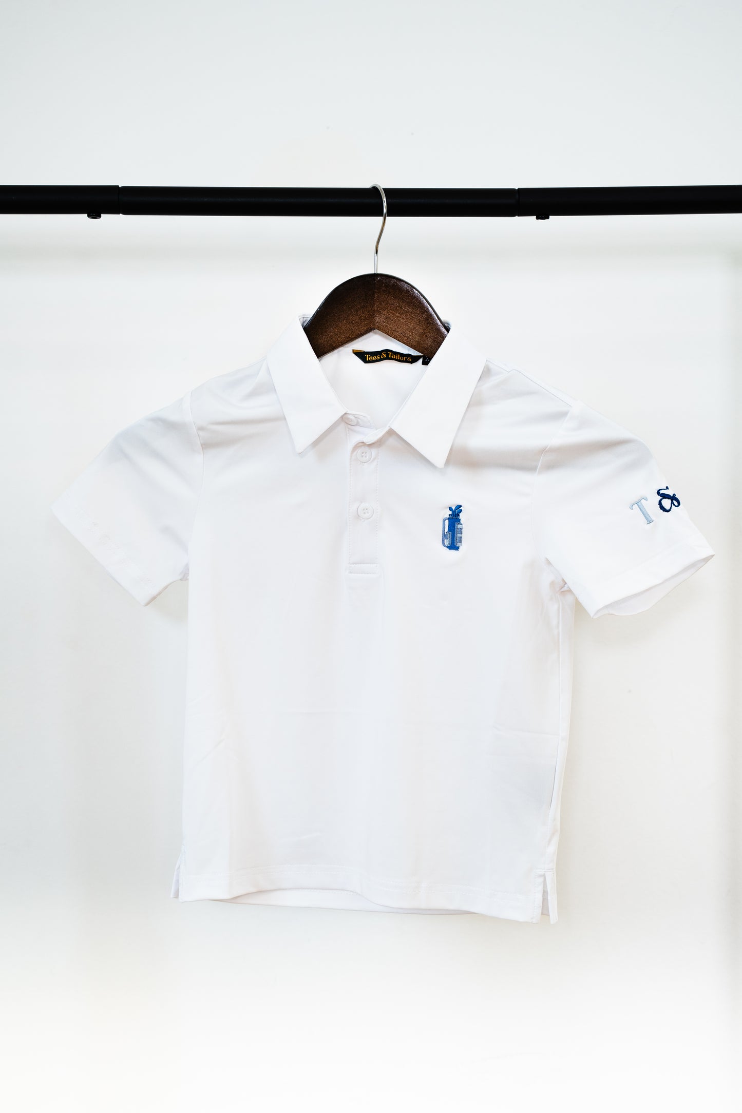 Kids White Golf Polo (Blue)