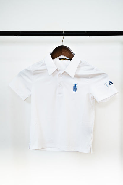 Kids White Golf Polo (Blue)